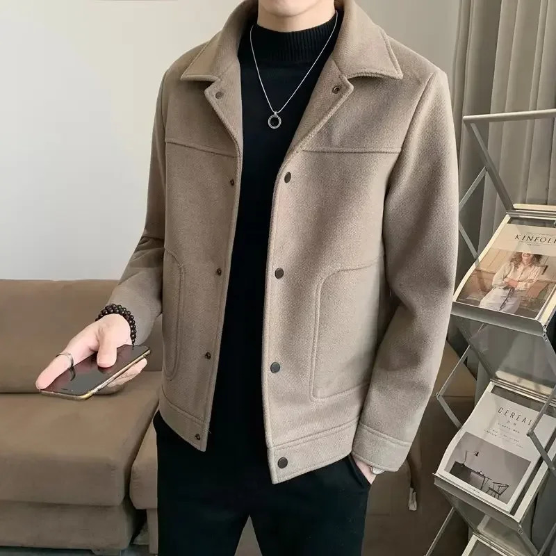 Woolenjacket mens autumn winter tailored fashionable slim fit casual jacket solid color sweater mens loose fitting edge lapel240806