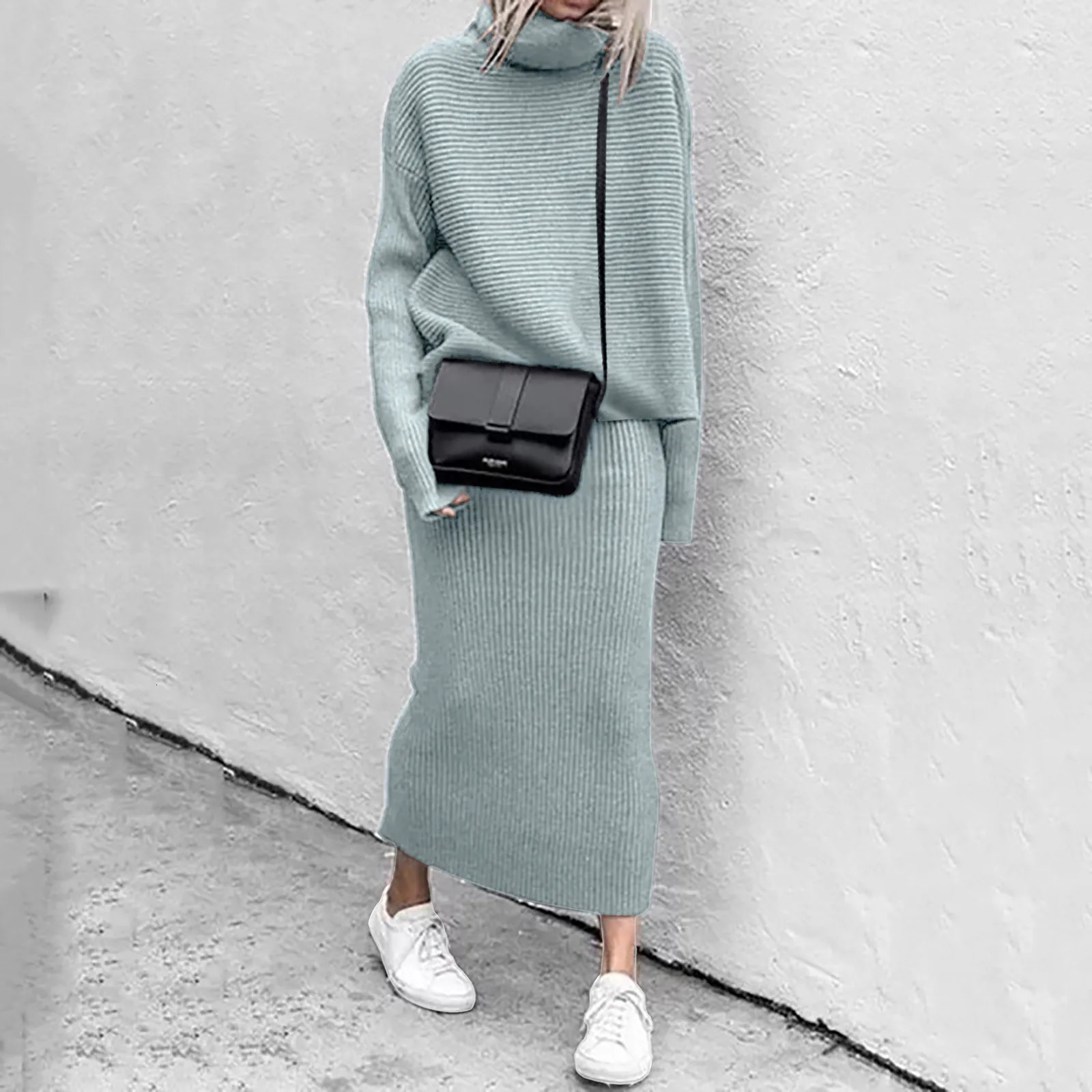 Fashion Winter 2 Piece Ribbed Knitted Wool Sweater Turtleneck Women Set Female Elegant Women Casual plus Size Women Summer 240806