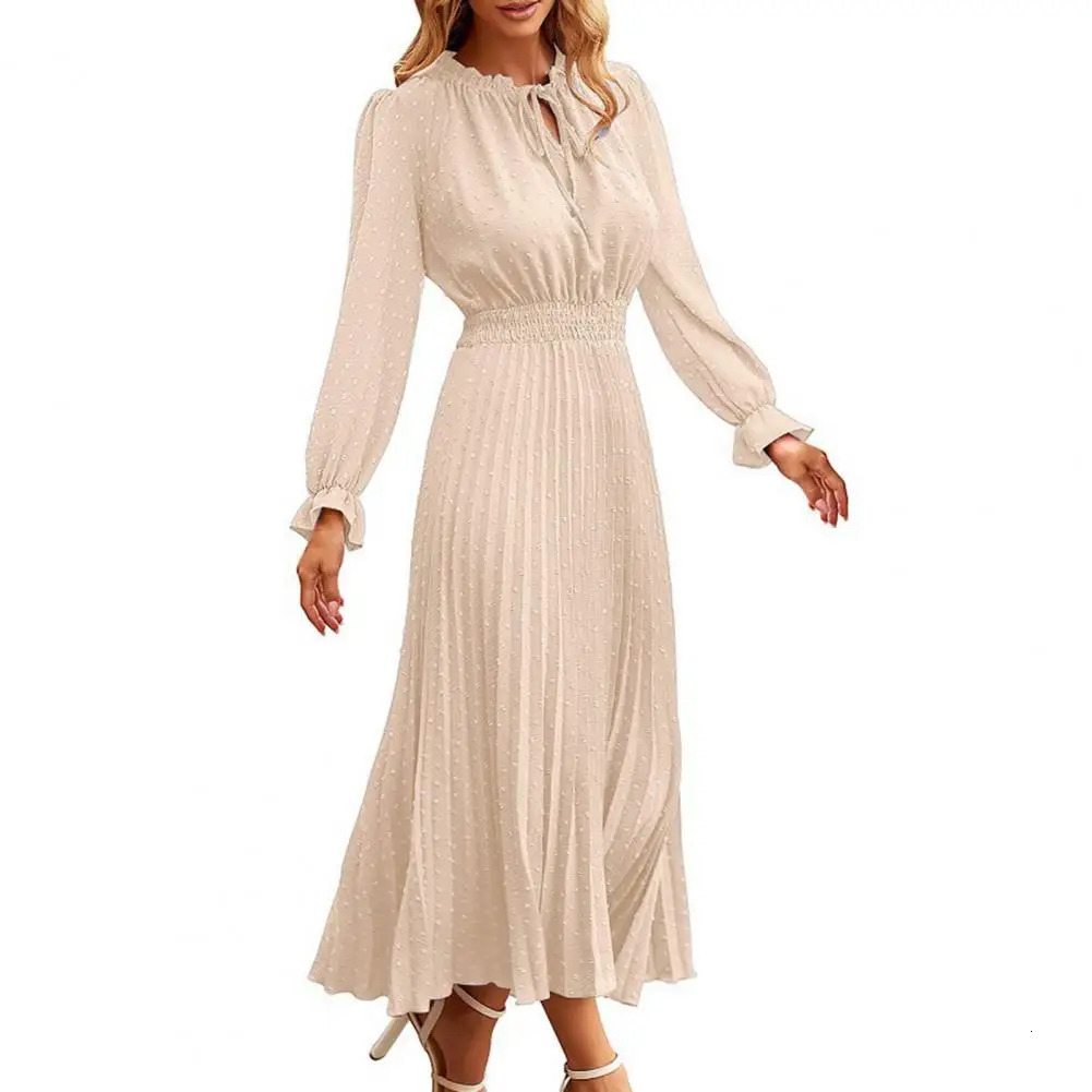 Femmes Robe d'automne printemps à manches longues V Col de cou Dot Imprimé plissé haute taille serrée Lacet Up Up Mid-Calf Longueur Lady MIDI Rob
