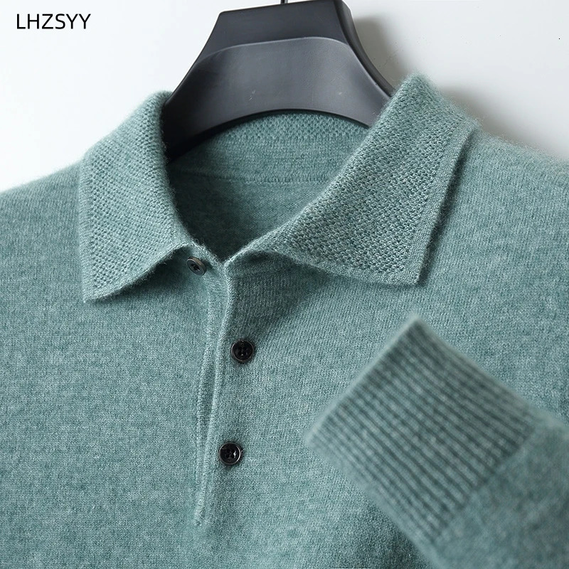 LHZSYY 100 Merino wool open collar mens lapel long sleeved polo neck sweater loose top knitted plus size shirt 240807