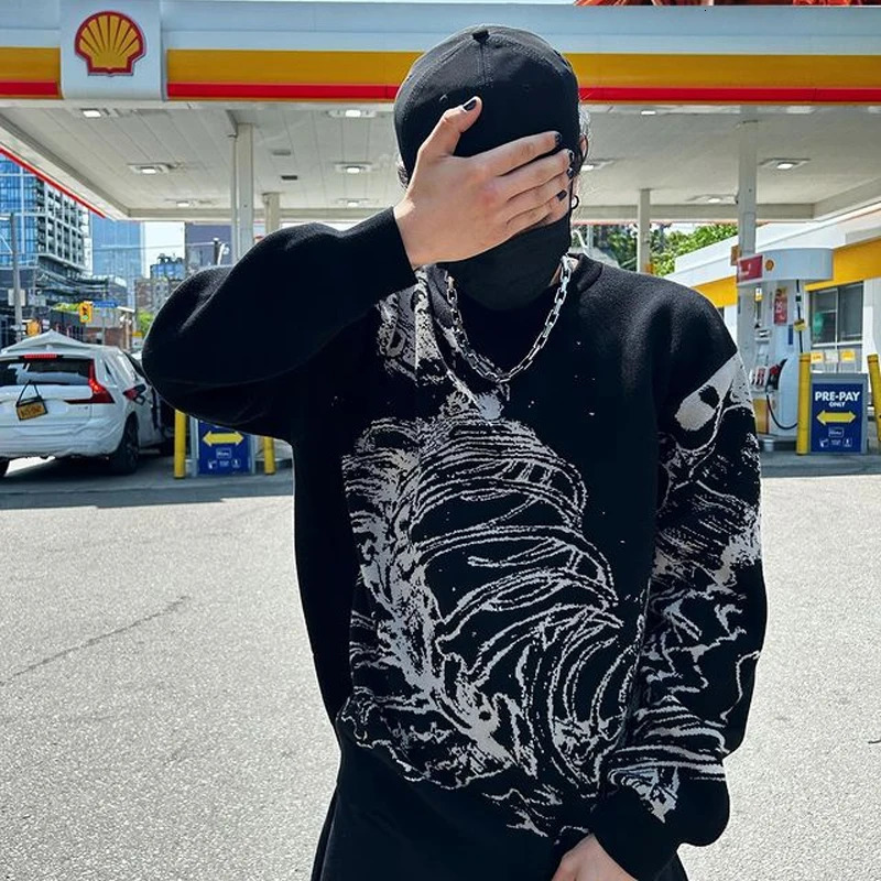 Knit Sweater Y2K Men Vintage Oversize Womens Pullover Top Korean Winter Fashion Unisex Sweaters Gothic Streetwear Knitwear 240807