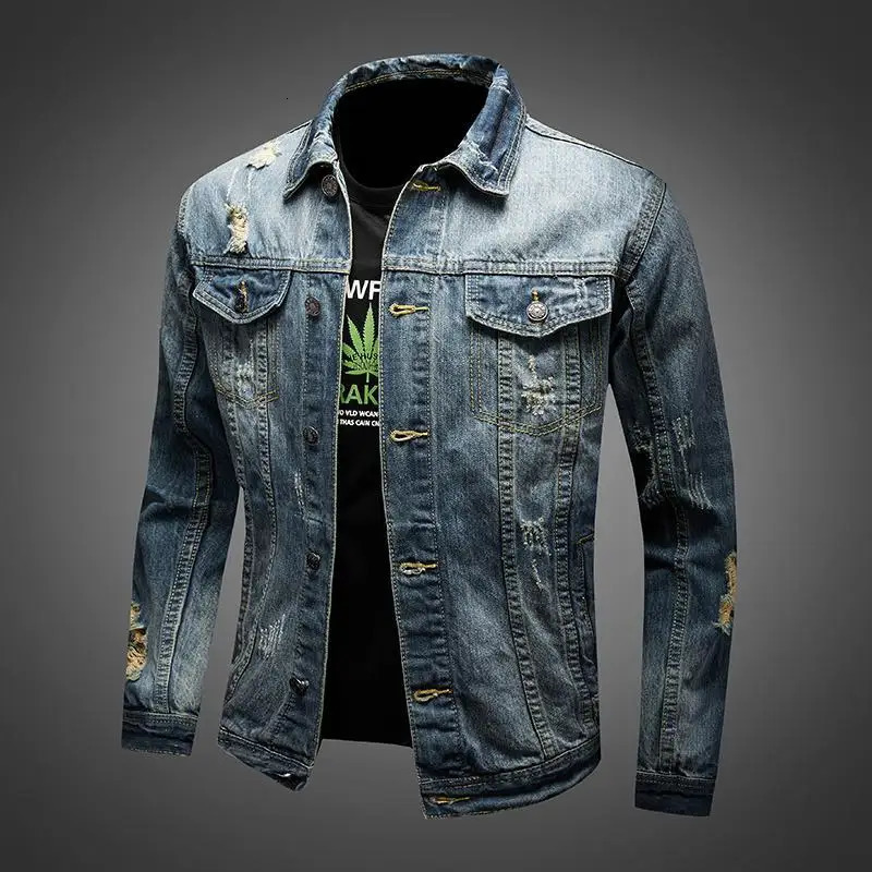 Spring and summer denim jacket trend retro fashion hole baseball street mens clothing 240806