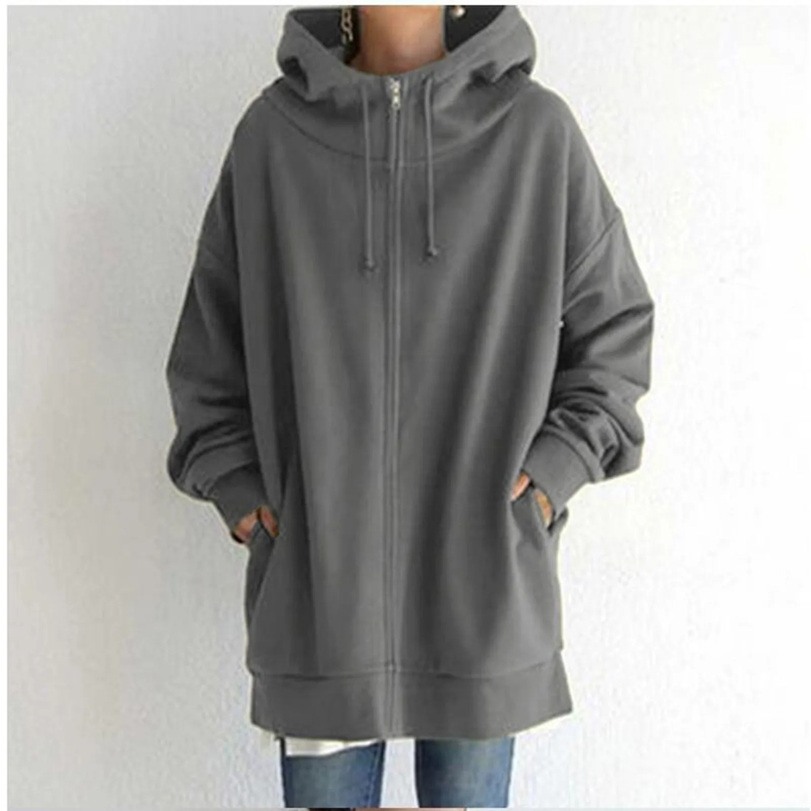 Womens Hooded Fleece Zipper Sweatshirt Winter Solid Color Long Sleeve Baggy Mid-Length Coat With Pockets Elegant Outwear 240807
