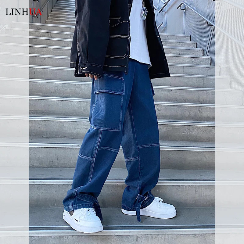 LINHUA Mens Wide Leg Jeans Mens Spring Cargo Pants Hip Hop Street Clothing Loose Straight Pocket Jeans Mens Work Jeans240806