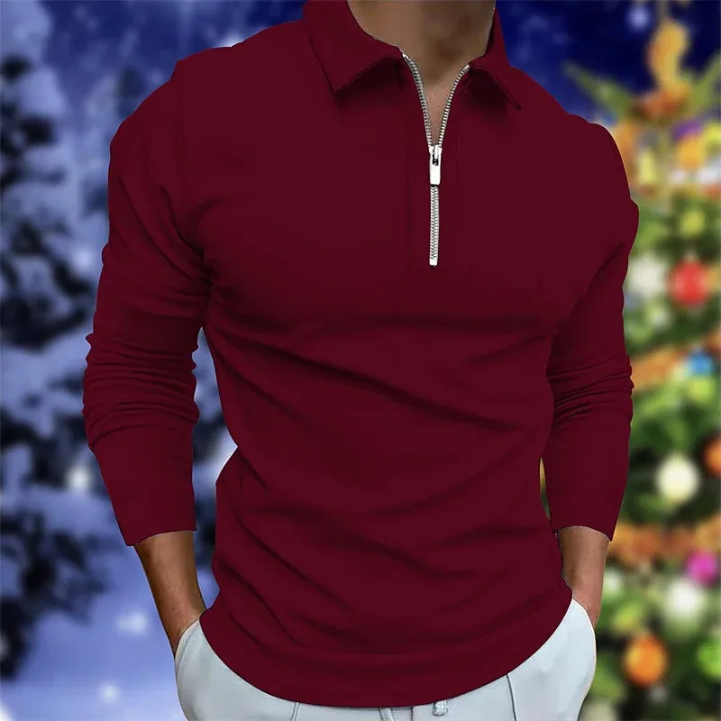 SpringAutumn Solid Color Zipper Long Sleeve Tshirt Casual Business Button Top Three Way Fashion Polo Shirt Mens Wear 240807