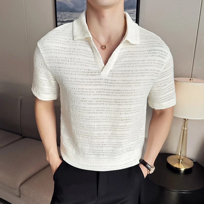 Mens knitted V-neck polo shirt 2024 summer breathable hollow solid color casual short sleeved mens clothing240807