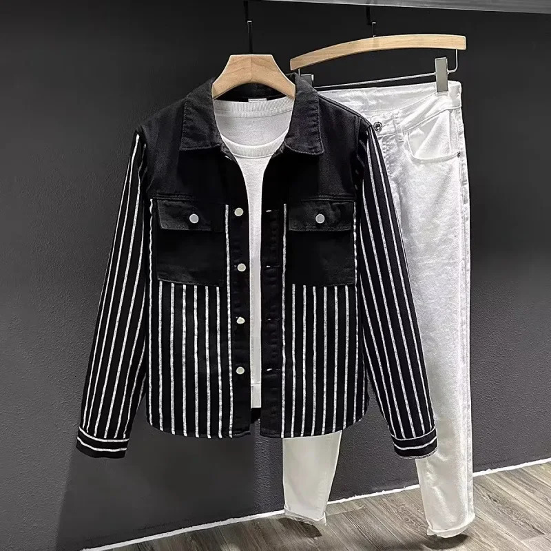 Fashion Korean mens casual striped denim jacket for spring and autumn240806