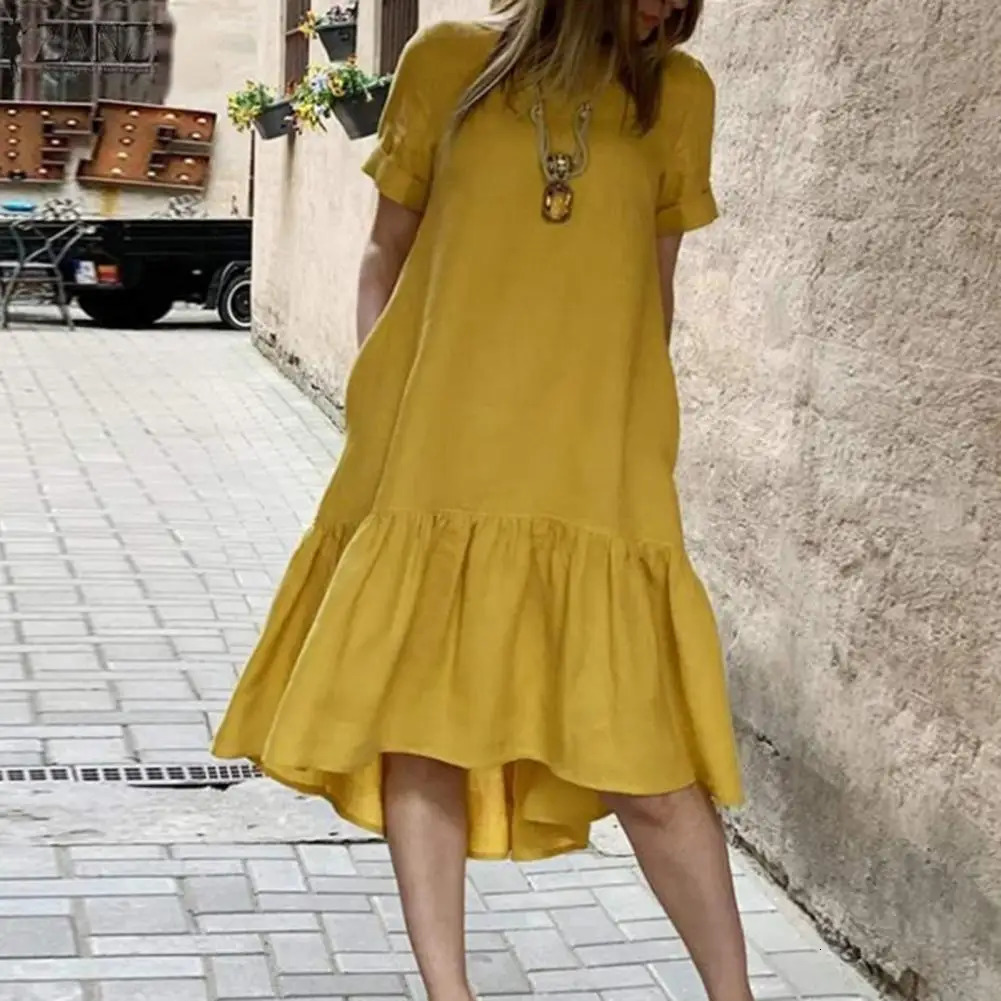 Femmes Robe de couleur unie robe de couleur unie élégante Robe midi à l'ourlet pour femmes pour femmes A-line Longueur Plage avec manches courtes