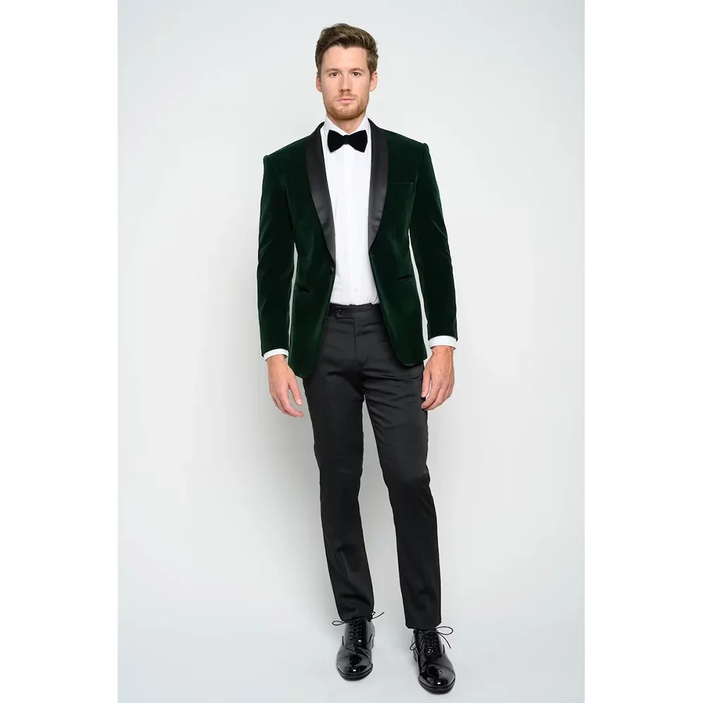 Fashionable shawl lapel single button velvet mens slim fit elegant formal casual suit dance party dress jacket with pants 240807