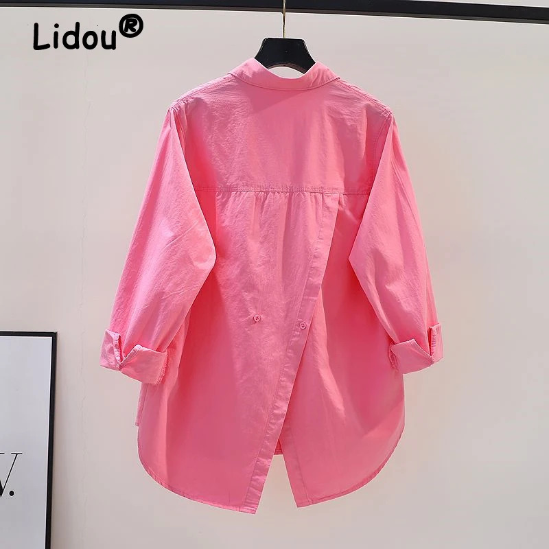 Femmes simples décontractées asymétriques surdimensionnées bouton de coton des chemises tuniques à manches longues solides Blouse supérieure Blou