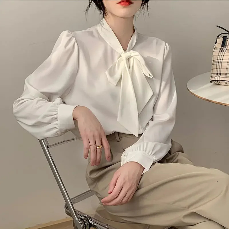 Spring Temperament White Chiffon Blouse Long Sleeve Bow Patchwork Solid Color Loose Shirt Tops Elegant Fashion Women Clothes 240807