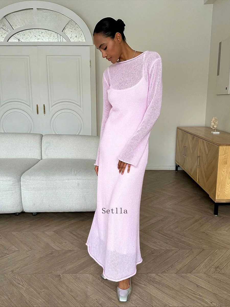 Printemps automne O-Neck Elastic Tride Long Robes Femmes Élégant Chic Dame Dame Hollowing Robes Femme Femme Two Piece Set 240806