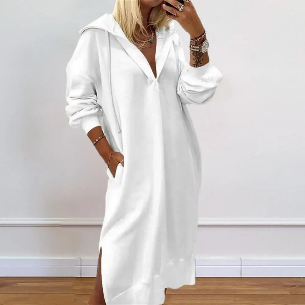 Robe midi d'automne robe en tricot à capuche confortable avec poches latérales divisées pour femmes robe midi d'hiver automne pour usure quotidie