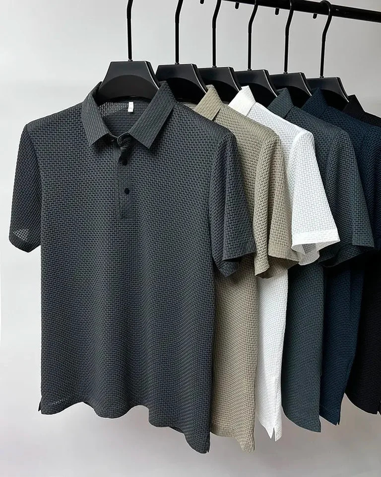 Summer Mens Casual Shirt Lapel Solid Color Polo Shirt Half Sleeve Single Breasted T-shirt Breathable Short Sleeve Mesh Ice Silk 240807