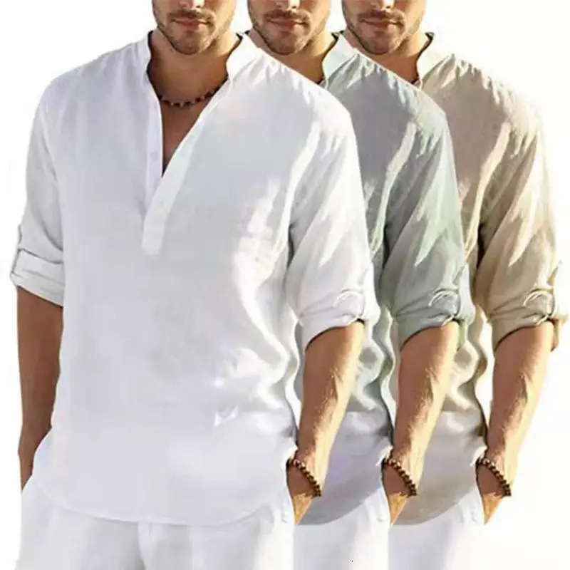 Summer mens highend casual cotton linen solid color long sleeved loose standing collar fashionable shirt 240807