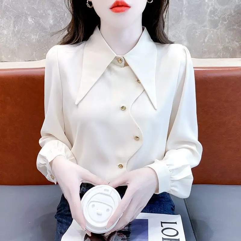 Retro Womens Autumn Patchwork Square Collar Button Irregular Fashion Solid Loose Casual Long Sleeved Blouses Shirts 240807
