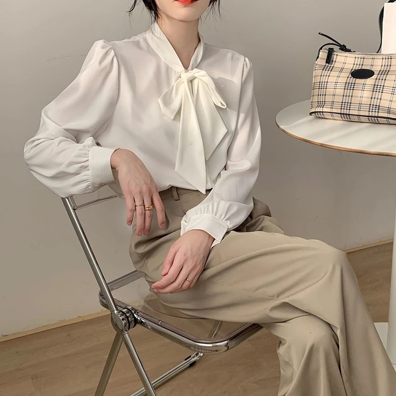 MEXZT Spring Shirts solides femmes élégantes manches longues arc simple mousseline de mousseline de mousseline dame coréenne fashion occasionnell