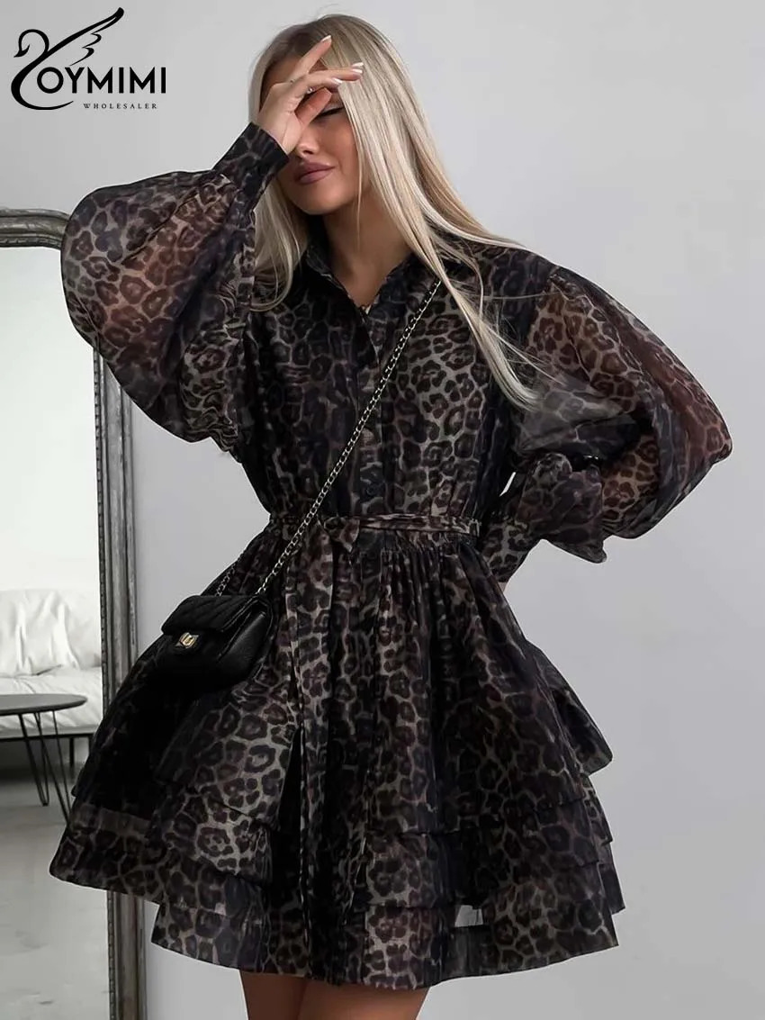Oymimi Fashion Brown Leopard Imprimerie femme robe femme élégante à manches longues Buton Robes à lacets décontractées en cascade Ruffle Mini rob