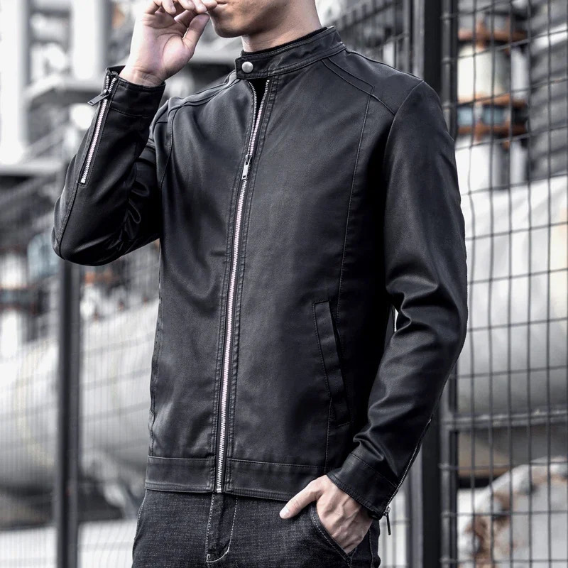 Mens motorcycle leather jacket large-sized pocket jacket black zipper lapel slim fit mens spring and autumn high-quality Pu jacket240807