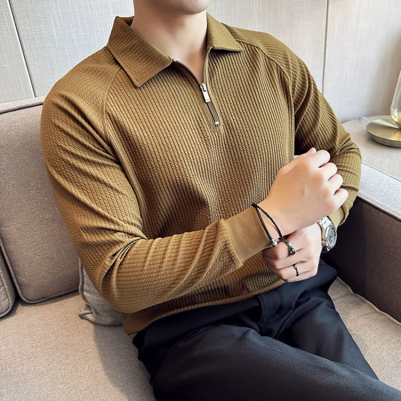 Mens Half Zipper Polo Shirt Spring and Autumn Long Sleeve Vneck Elastic Tshirt Thick Casual Business Coats Street Wear 4XLM 240807