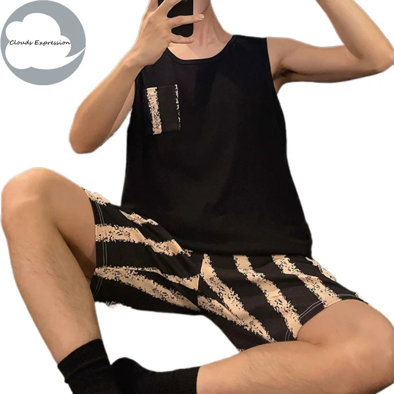 Summer Knitted Sleeveless Mens Pajamas Casual Pjs Lounge Set 3XL 240806
