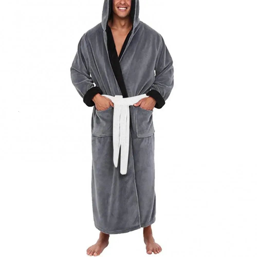 Hommes salle de bains hommes hiver chaud décontracté flanelle robe pyjamas à manches longues en peluche châle peignoir salon robe de soirée 24080