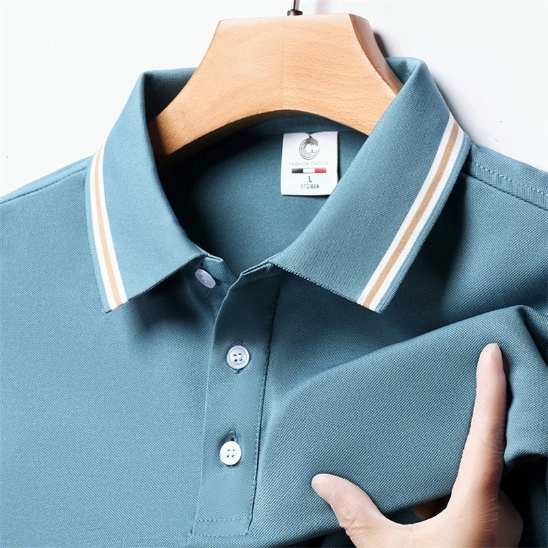 Mens Fashion Solid Short Sleeved Striped Lapel Polo Shirt Summer Breathable Comfortable Top 240806