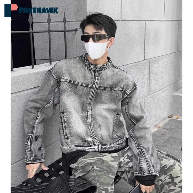 American retro industrial short denim jacket mens loose wash clothing zipper racing unisex hiphop bomber spring 240806