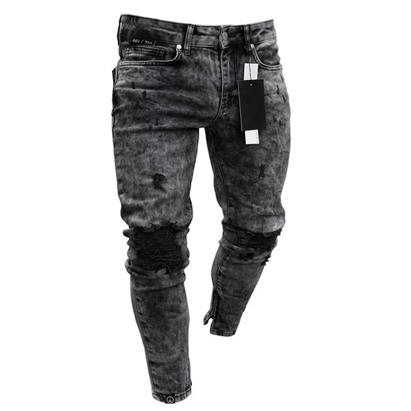 European streetwear mens jeans mens Trouser tear casual stretch tight denim pants bike hole hip-hop mens clothing S-3XL240806