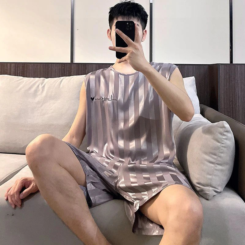 Summer striped mens pajamas ice silk shorts twopiece set casual sleeveless 240806