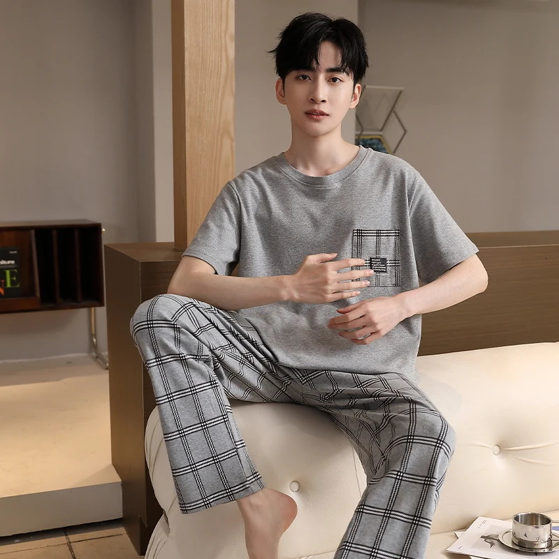 Summer mens short sleeved pants plain sleepwear cotton casual wear home clothing plus size Hombre 240806