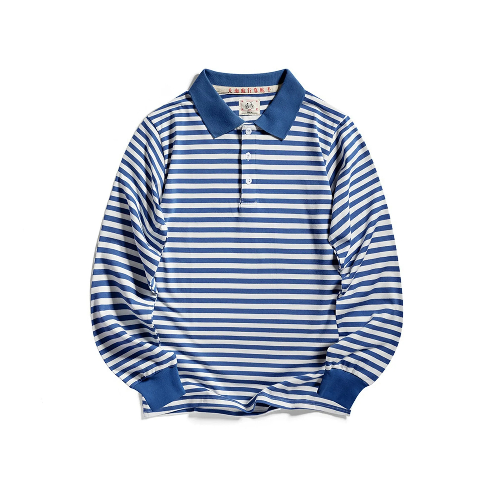Japanese retro blue striped polo street clothing mens long sleeved Tshirt 80s niche nostalgic paperback 240807