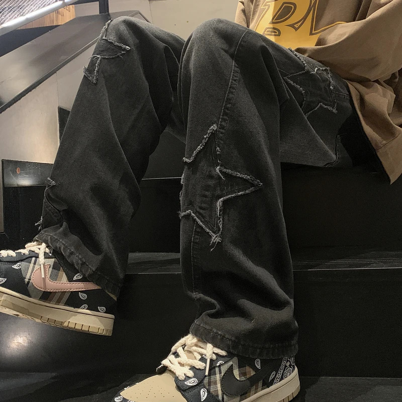 Y2K retro mens black streetwear oversized celebrity aesthetics straight three person wide leg jeans Alt denim pants womens clothing240807