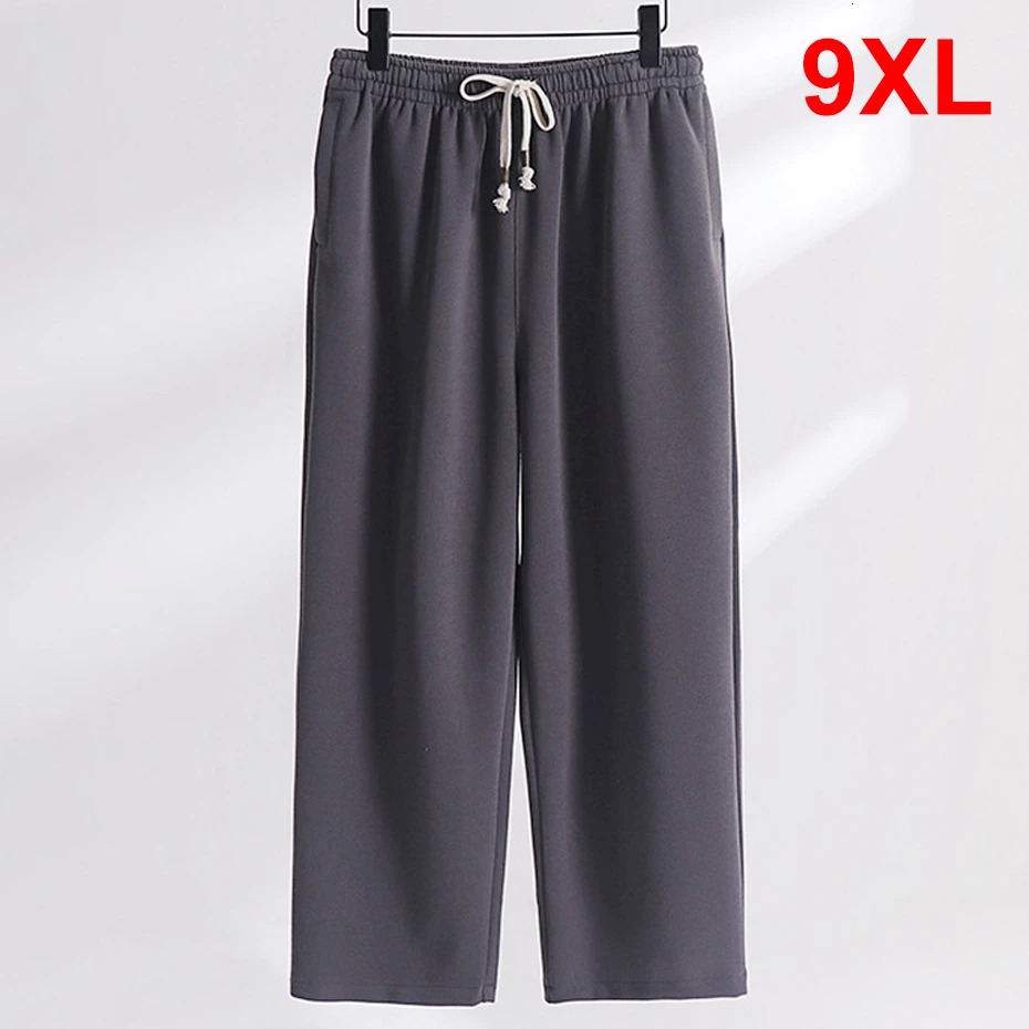 Solid color straight pants mens sports pants autumn and winter wool pants mens plus size 8XL 9XL elastic waist Trouser black 240824