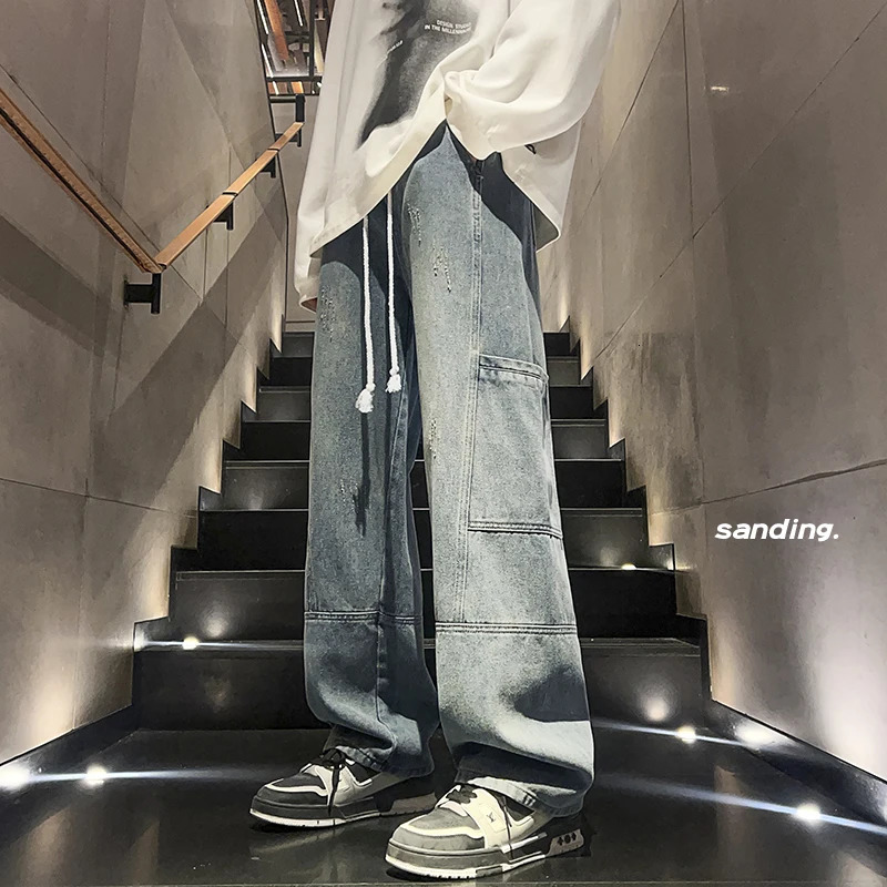 Mens jeans fashionable streetwear unisex wide leg denim casual bags hip-hop jeans mens pants240806
