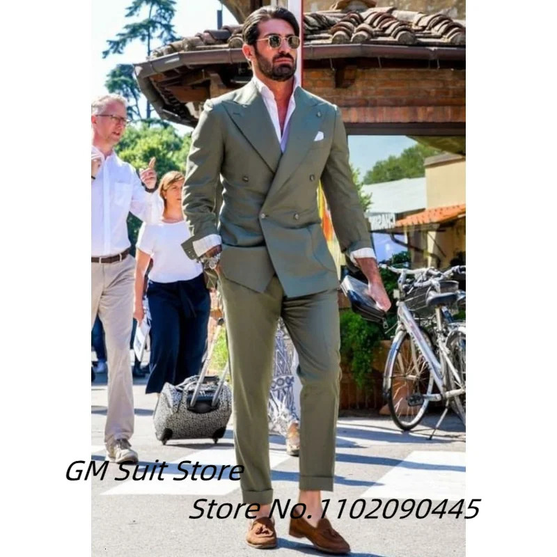 Mens twopiece solid color double chest fashionable collar slim fit cut pants casual business party set 2023 240807