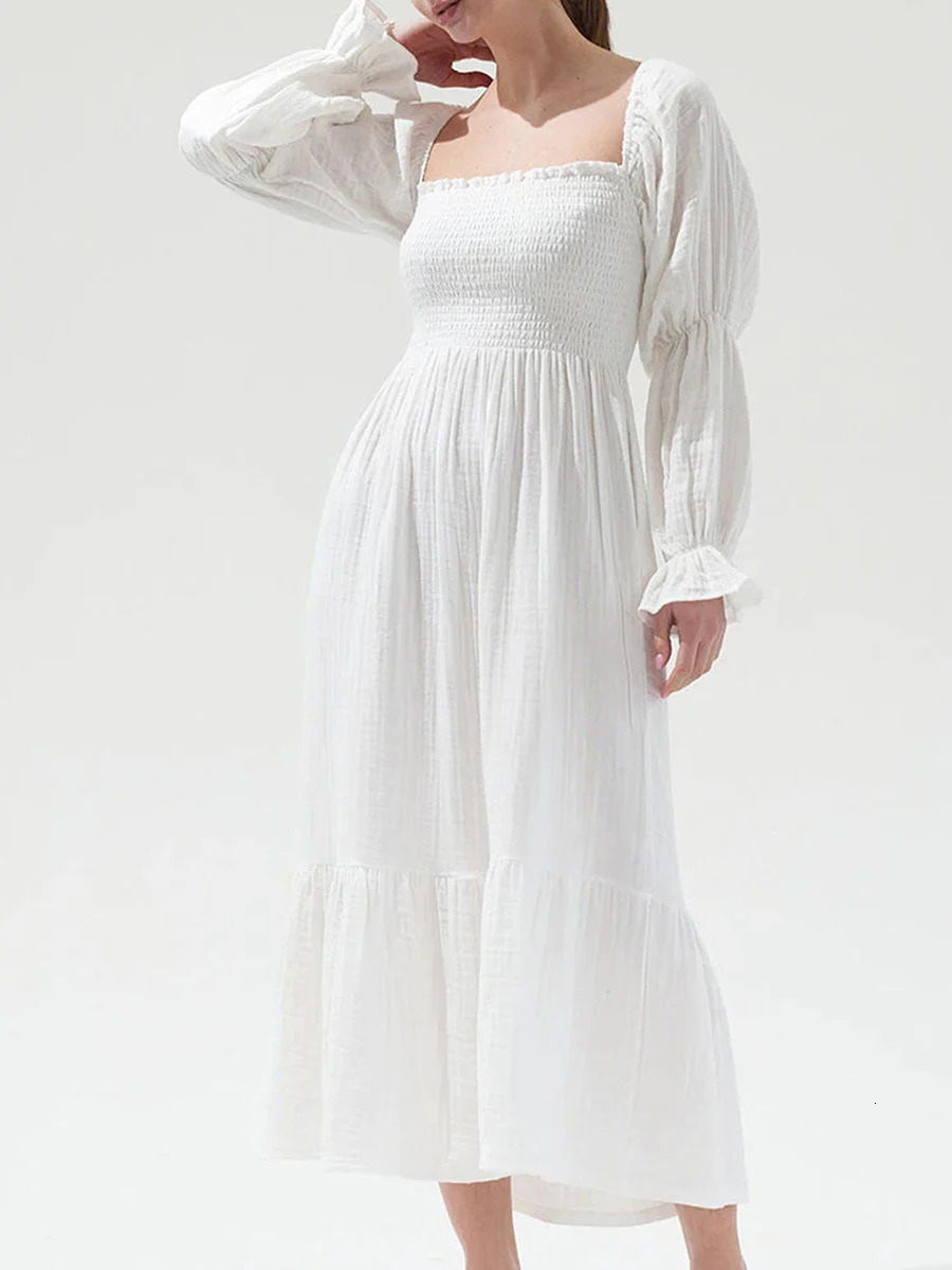 Autumn Elegant White Off Shoulder Long Dress Puff Sleeves Casual Floral Printed Square Collar Long Sleeve Midi Wedding Dress 240807