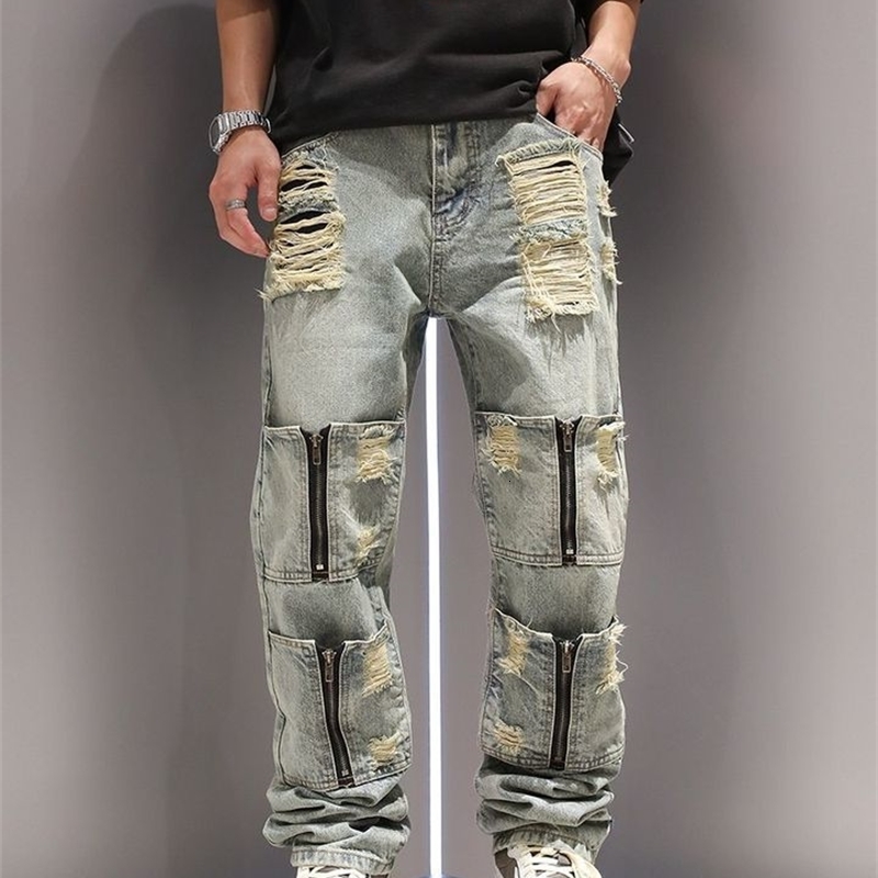 multi zipper pocket washing and perforated jeans suitable for men womens personalized straight leg retro casual pants y2k on the streets y240806