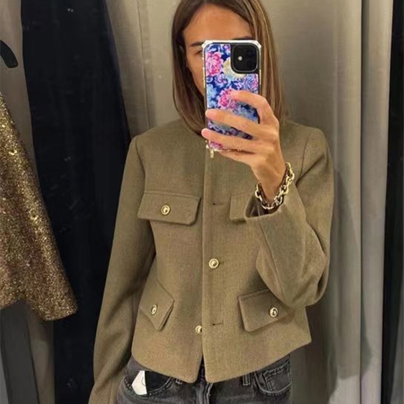 Elegant Jacket for Women Tweed Autumn Winter Long Sleeve Single Breasted Cropped Coat Top Solid O-neck Pocket Outwear 240806
