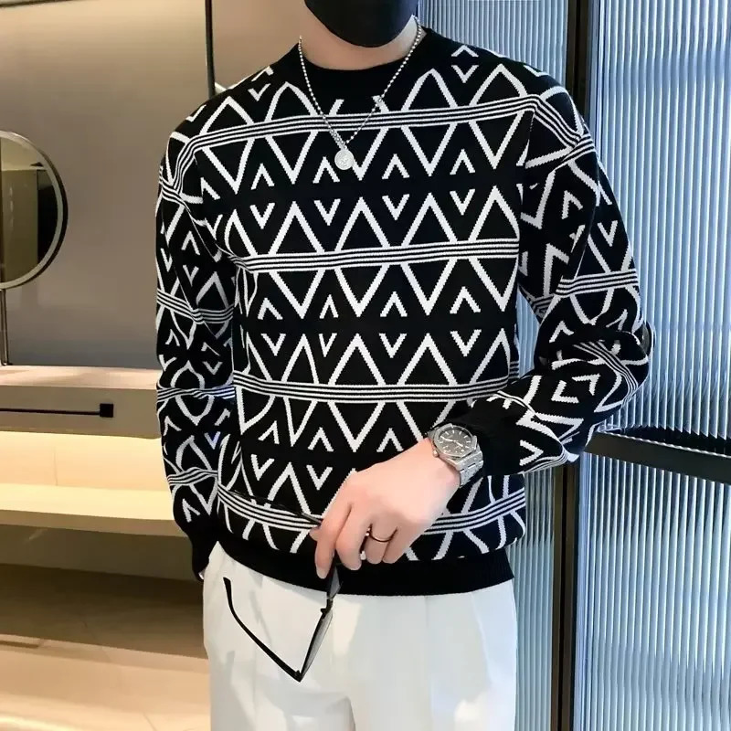 Autumn Winter Mens Knitted Sweater Casual Loose Fit Korean Fashion Warm Middle Neck Bottom Wool Top240806