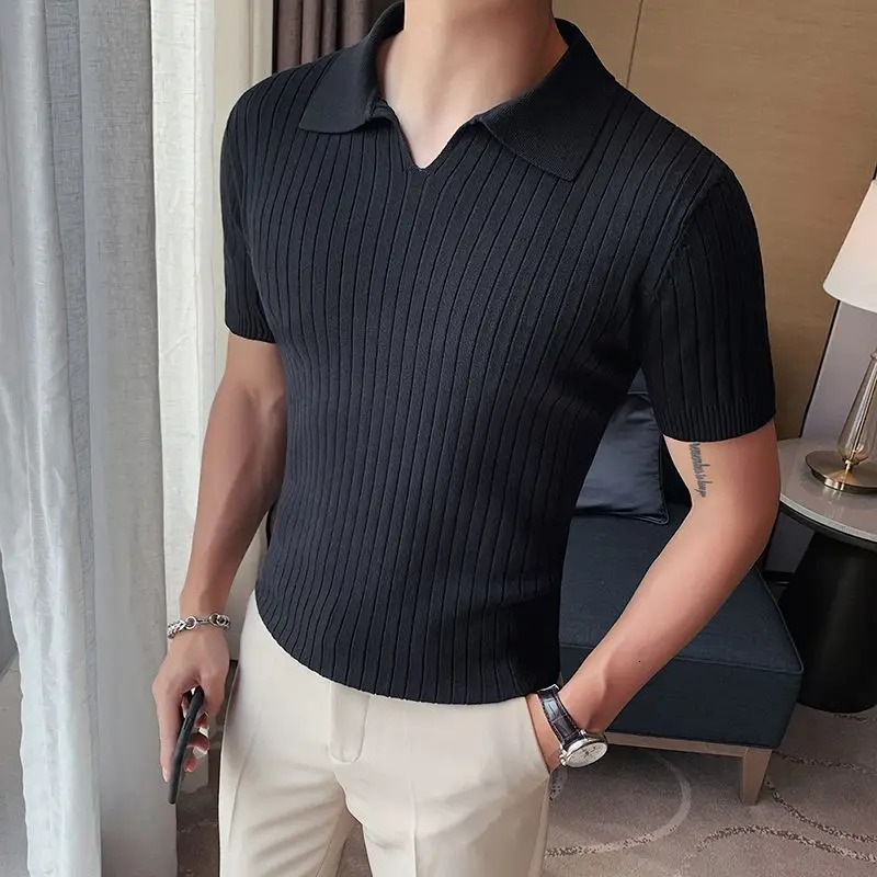 Korean Business and Leisure Summer Silk Mens Short sleeved Polo Shirt with Solid Jacquard Stripe Thread and Ultra thin Top240807