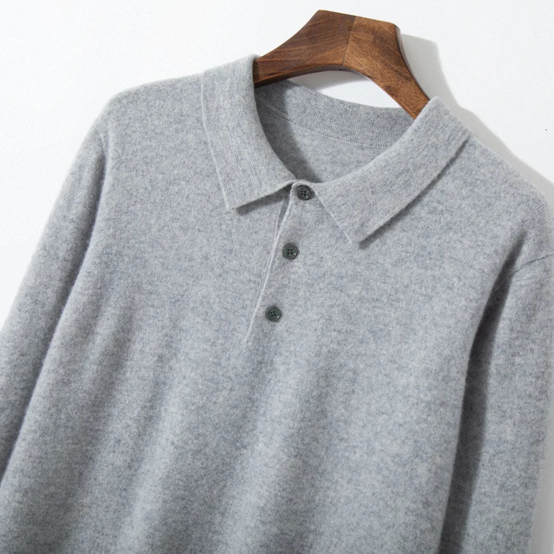 Automne et Hiver Mens Fine Cashmere Pull Couleur solide Polo Collier Collier à manches à manches longues Veste d'affaires chaude 240807