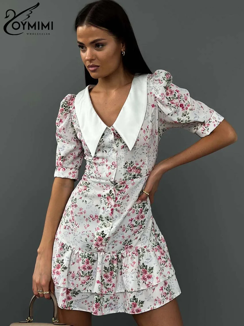 Oymimi Fashion White Print Womens Dresses Elegant Turn-Down Collar Short Sleeve Dress Casual Single Breasted Pleated Mini Dress 240807