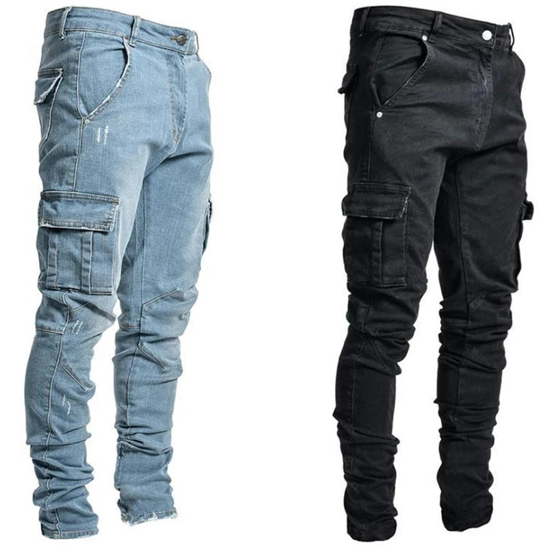 2024 Mens Pocket Set Jeans Elastic Cotton Solid Color Casual Sports High Quality Mens Clothing Laundry Jeans S-3XL240806