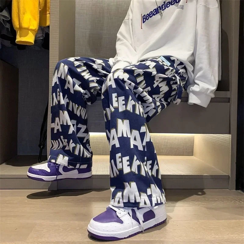 Pantaloni sportivi maschili dritti pantalone hiphop gamba larga da uomo sciolta in stile coreano rilassato casual estate 240824z