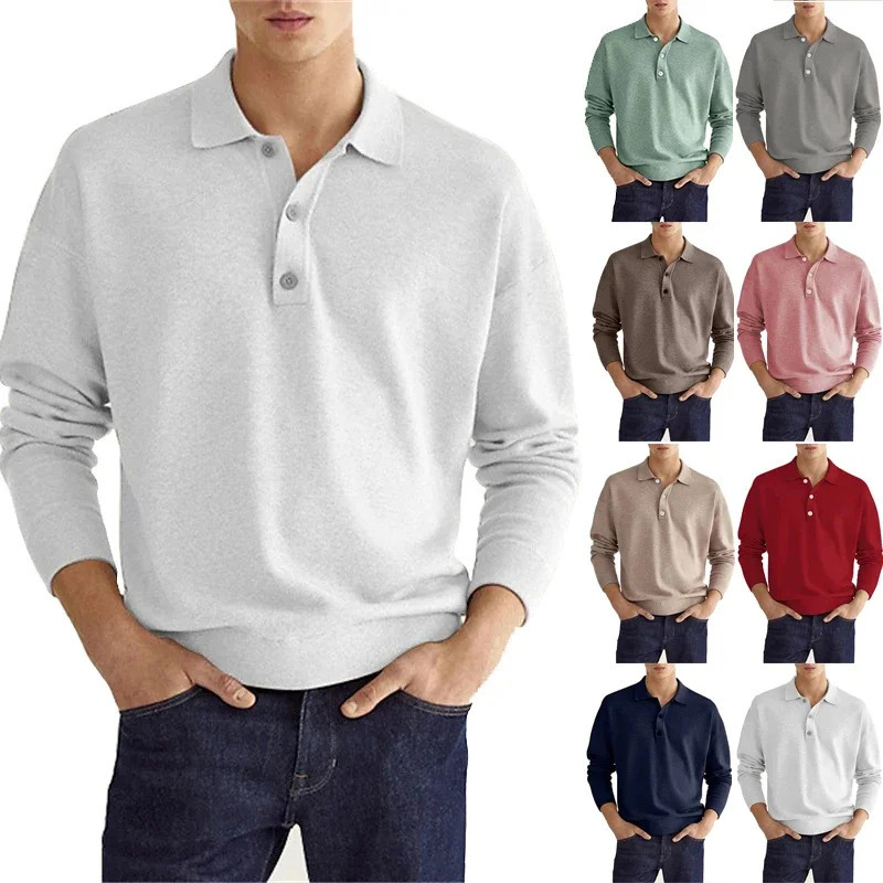 Mens long sleeved polo shirt solid color lapel button office commuting business casual zipper sports Tshirt S3XL 240807