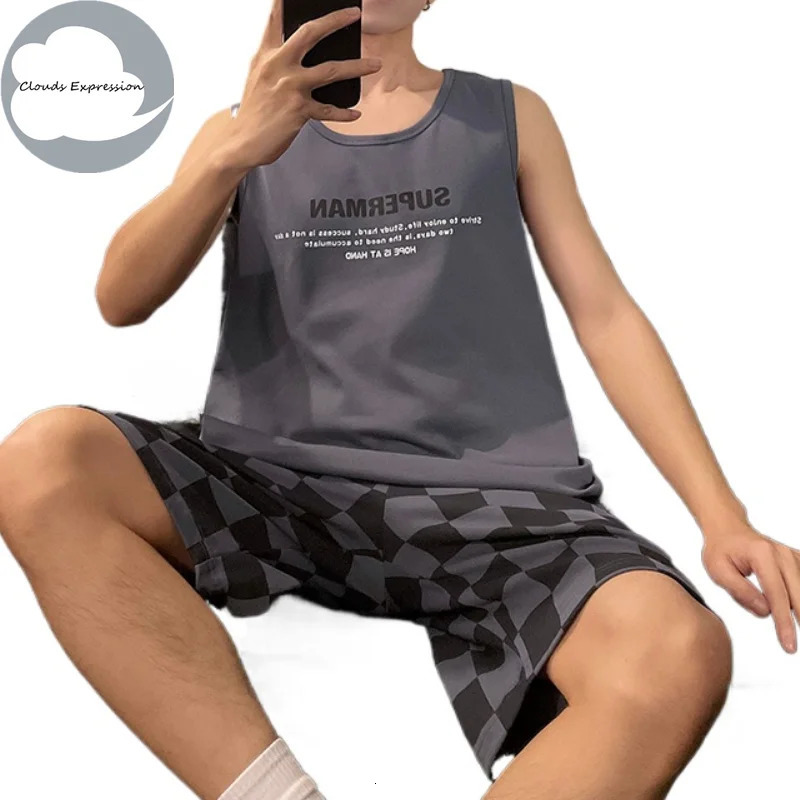 Summer Knitted Sleeveless Mens Sleepwear Plain Casual Pjs Lounge Set 3XL 240806