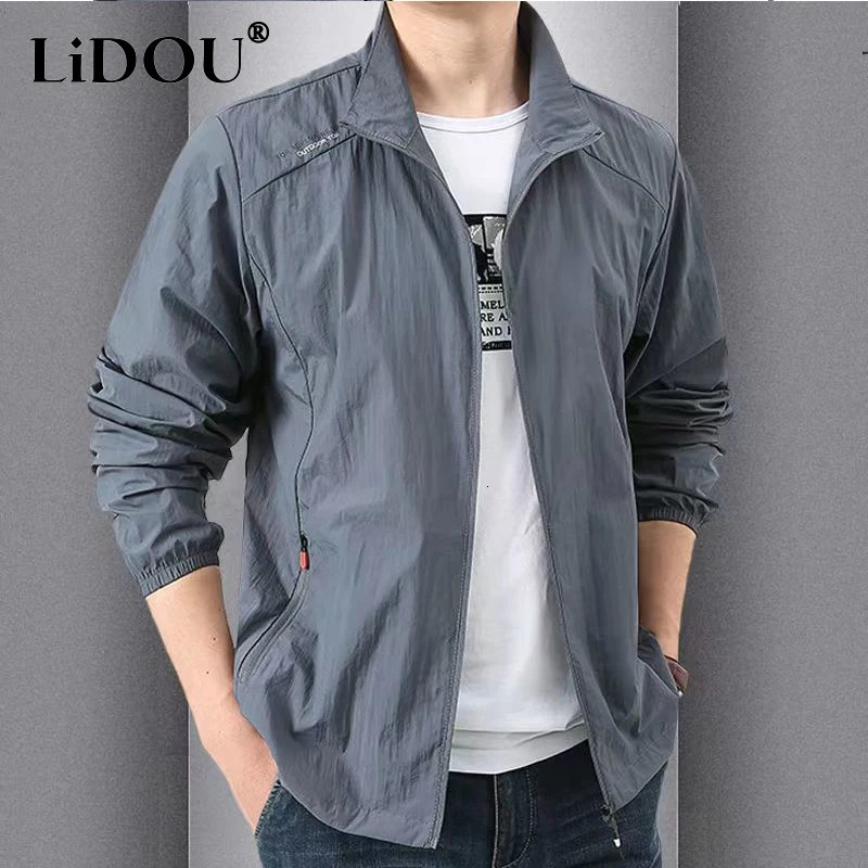 fashion fast drying breathable mens jacket loose casual standing collar jacket pocket solid jacket sports mens clothing240806