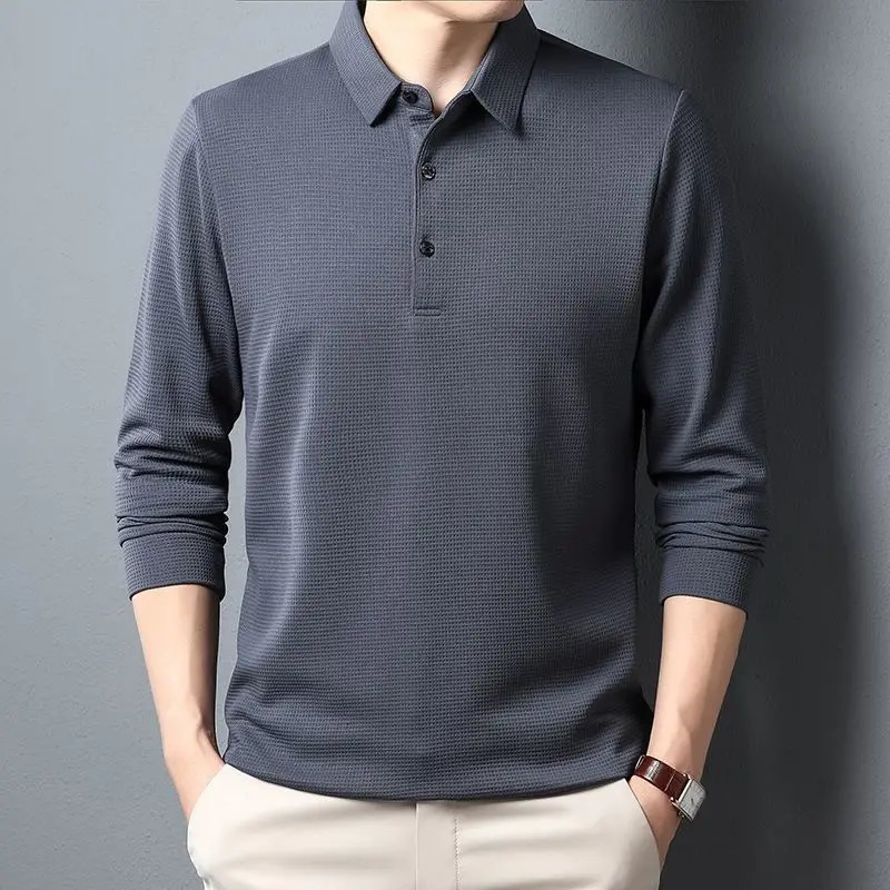 Smart Casual England Style Mens Waffle Long Sleeved Polo Shirts Solid Fashion Spring Loose Lapel Button Patchwork T-shirt Top 240807