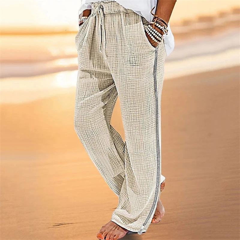 Retro mens pleated cotton linen casual pants drawstring side zipper elastic waist comfortable and breathable beach mens straight pants240807